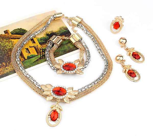 Bridal alloy four pieces of European and American double color crystal flower necklace earrings bracelet ring set 9132