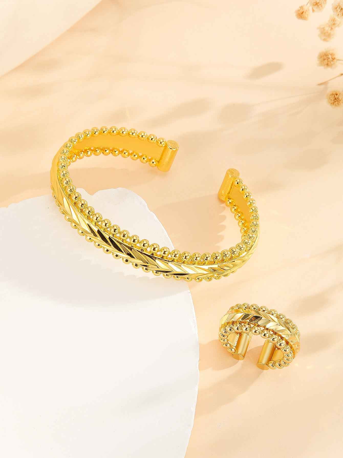 2pcs Vintage Gold Plated Bracelet, Open Bracelet Ring Jewelry, Women's Festival Wedding Jewelry Set