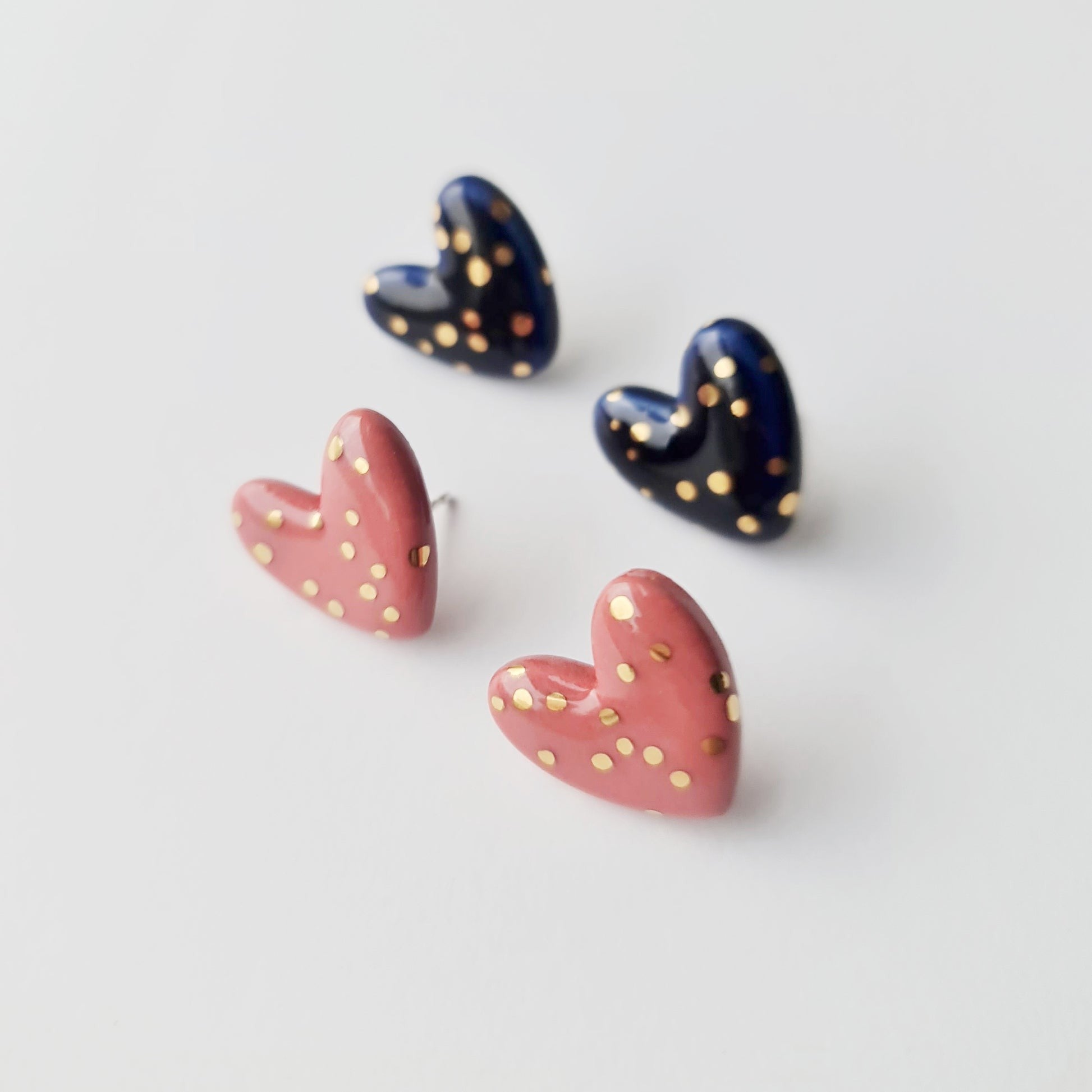 Dotted Porcelain Heart Studs -  Blue - ORÉA PARIS