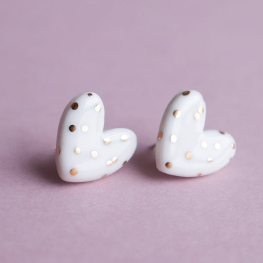 Dotted Porcelain Heart Studs -  White - ORÉA PARIS